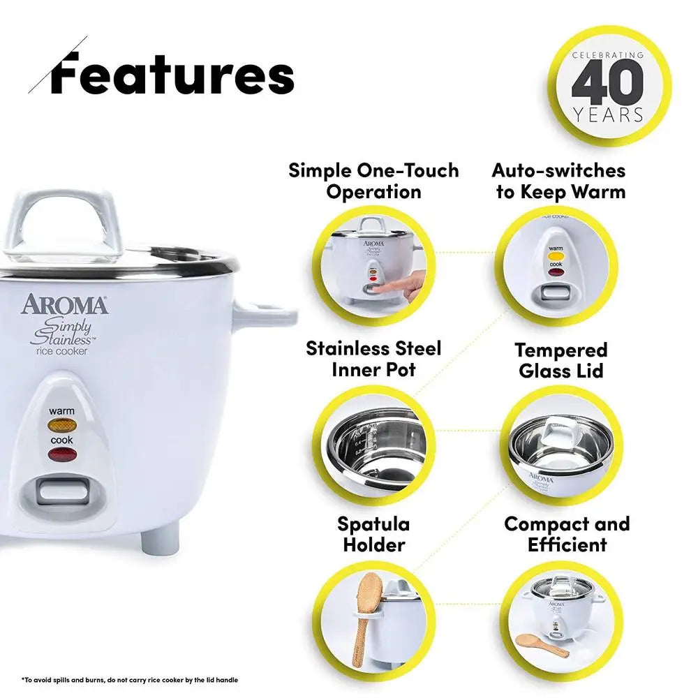 AROMA® 14-Cup Cooked / 3Qt. Select Stainless® Rice & Grain Cooker White New ARC-757-1SG