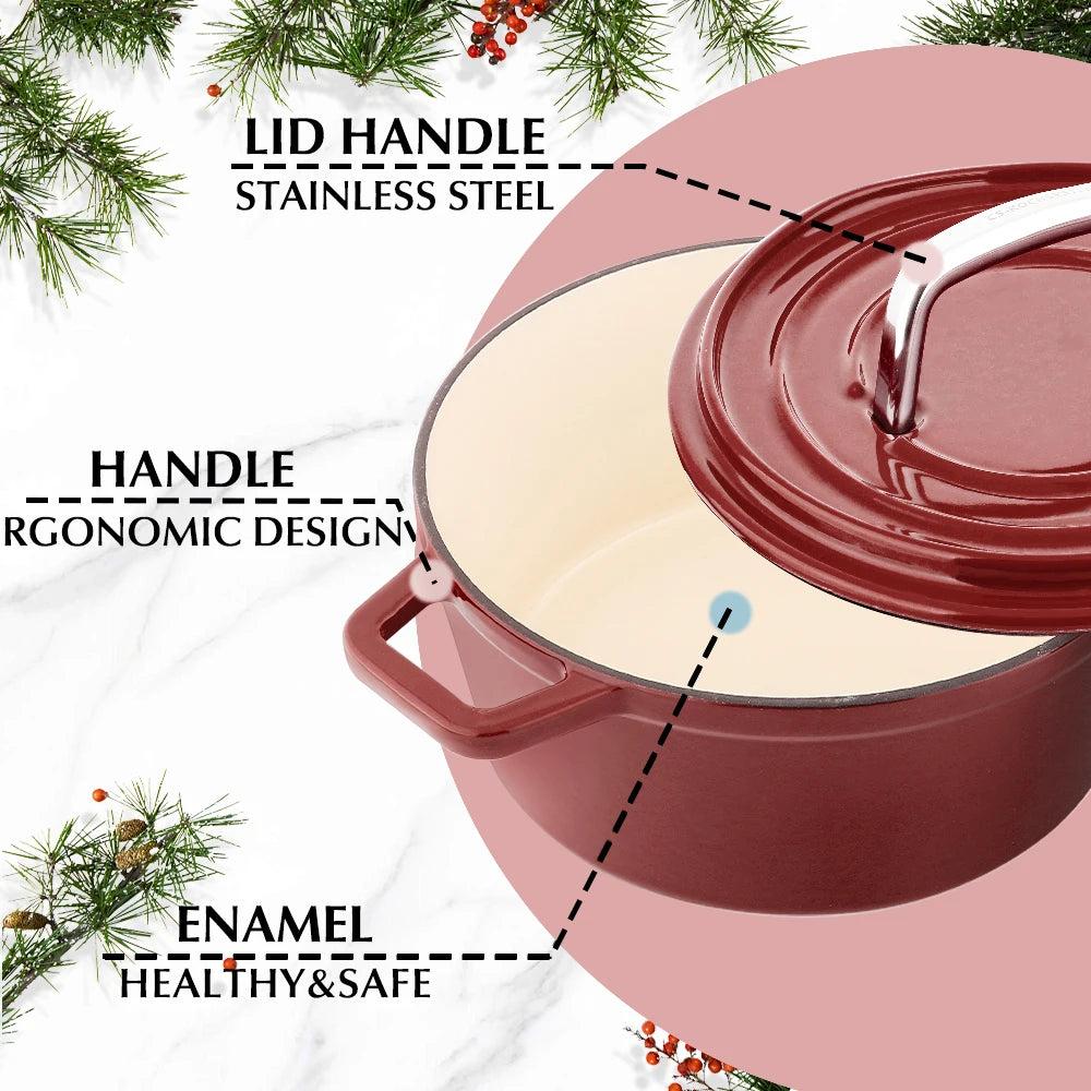 Cast Iron Casserole Pot, Enamel Roasting Dish with Lid Oven Safe