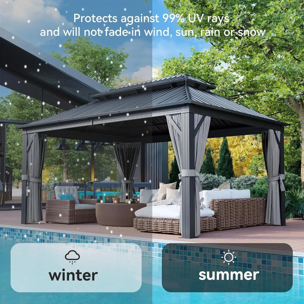 12FT X 16FT Hardtop Pergola with Mosquito Netting and Curtains