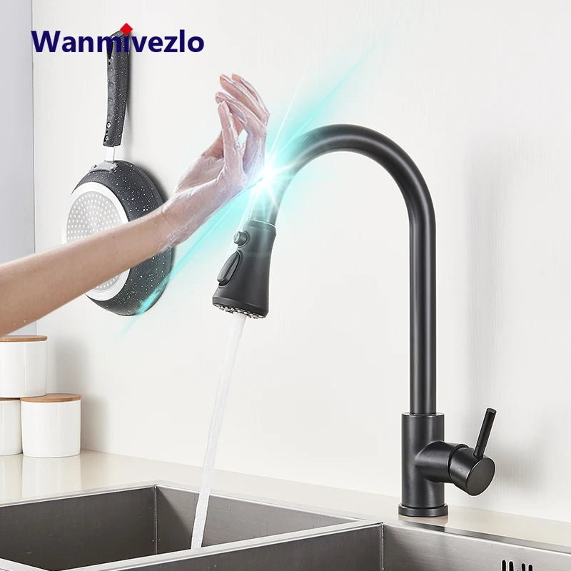 Black Touch Sensor Kitchen Faucet Smart Control Mixer Tap