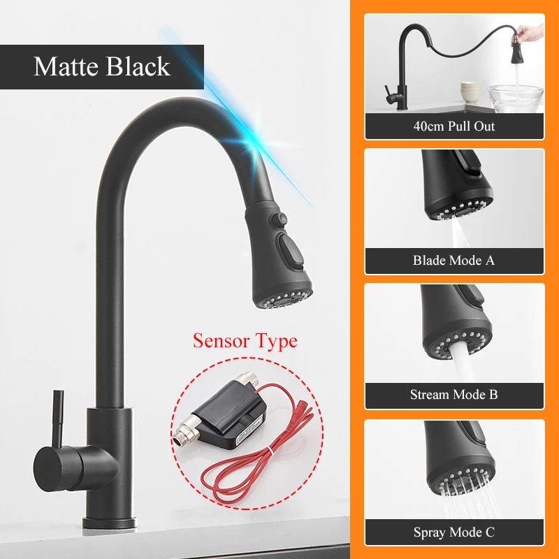 Black Touch Sensor Kitchen Faucet Smart Control Mixer Tap