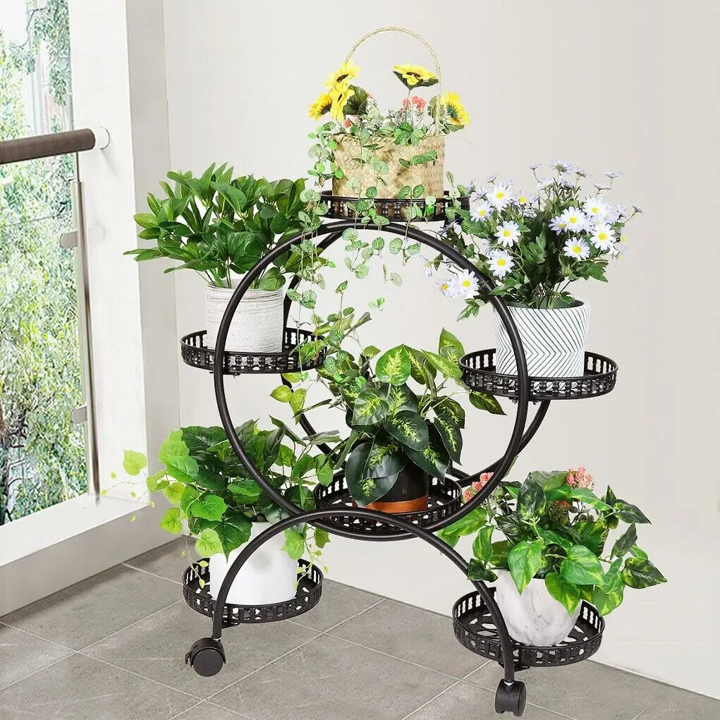 4 Layer 6 Pots Plant Stand Shelf 4-Wheel Free Moving