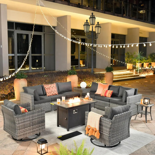 11 Piece Outdoor Wicker Patio Furniture Set with Fire Pit Table