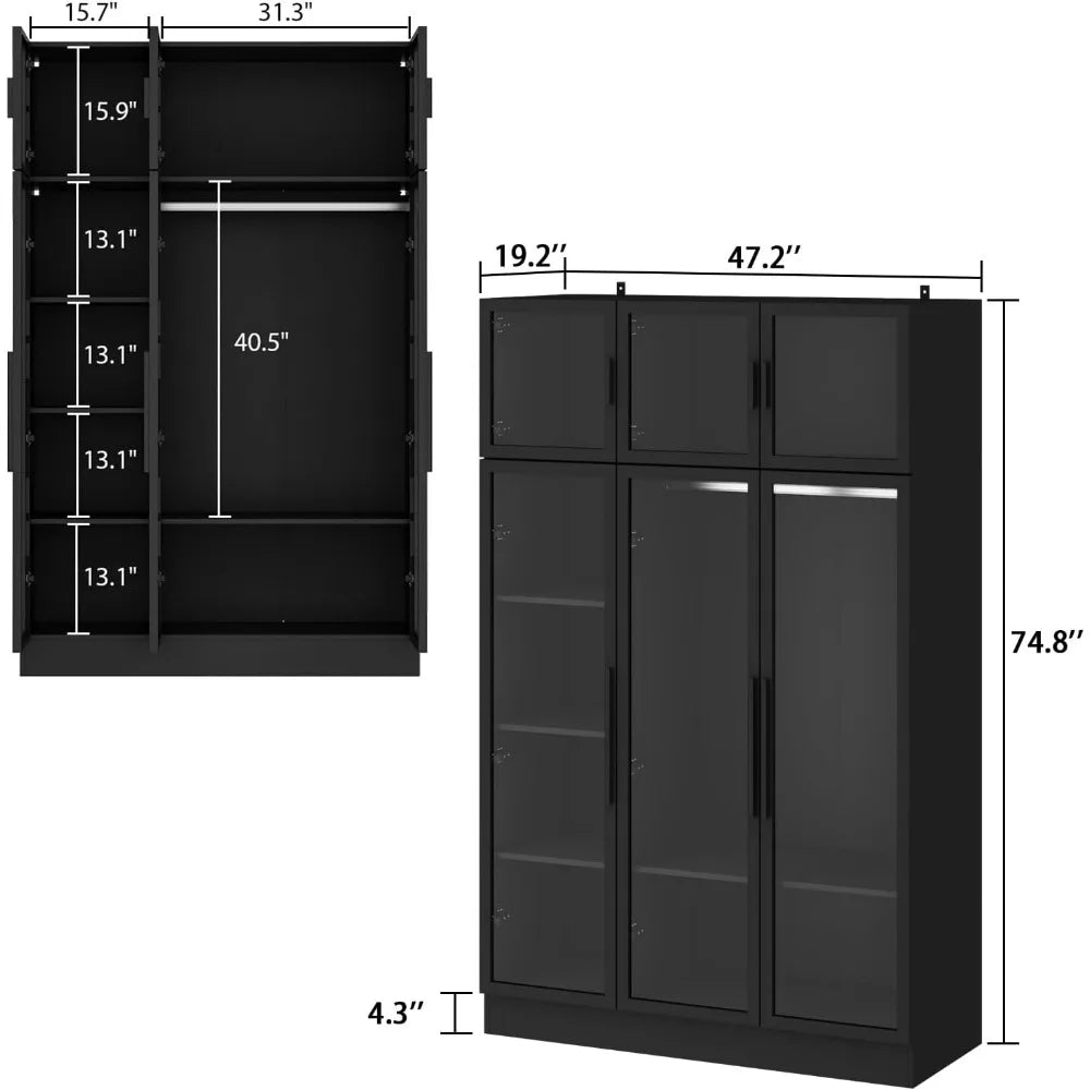 Wardrobes with LED Lights, 5-Tier Shelves and 6 Glass Doors, 47.2" L