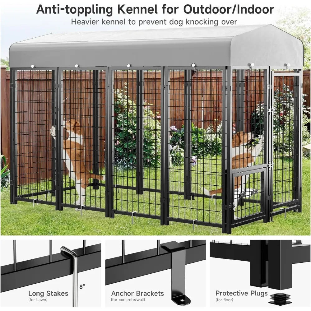XMSJH Outdoor Dog Kennel Pen With Roof And Swivel Feeders