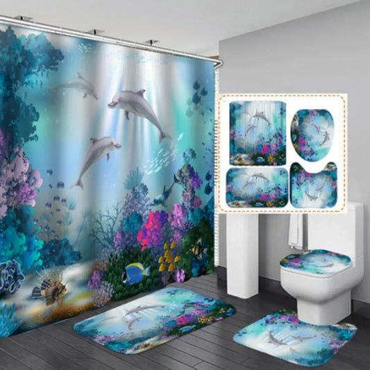 Blue Ocean Underwater World Waterproof Shower Curtain Bathroom Set