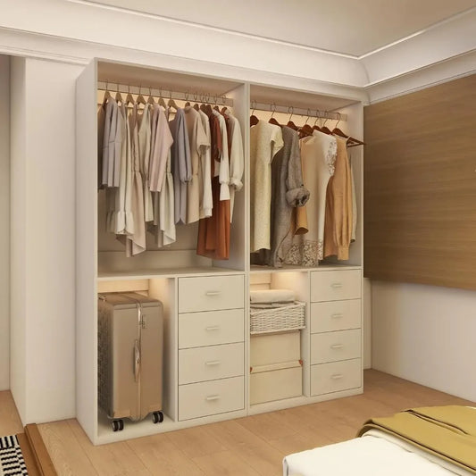 Walk-in Closet System with 4 Drawers, Shelves, and Hanging Rod Assembly