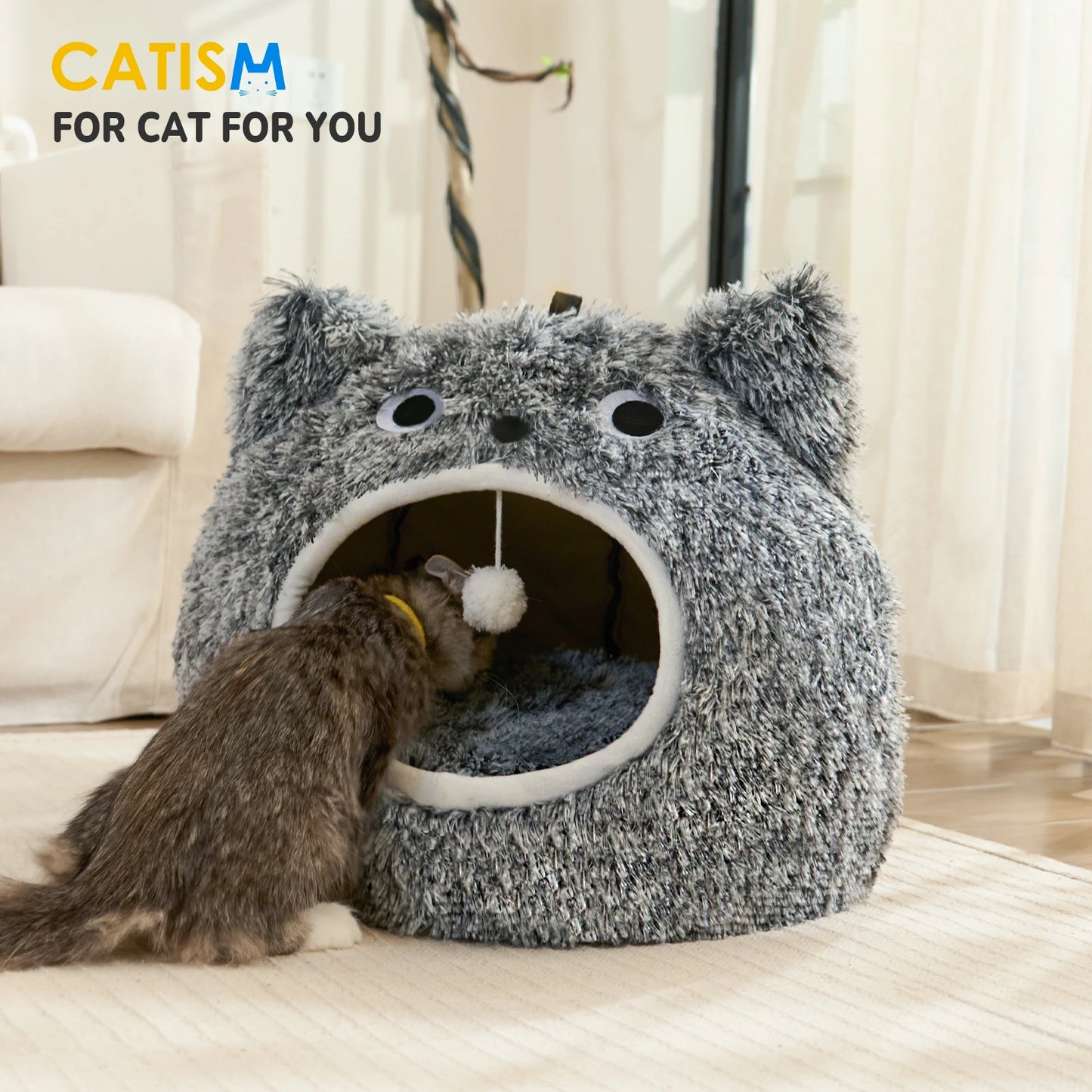 Catism Cat Head Shape Plush Hooded Cat Bed Self Warming