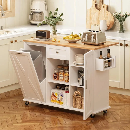 Rolling Kitchen Island with Trash Can Storage