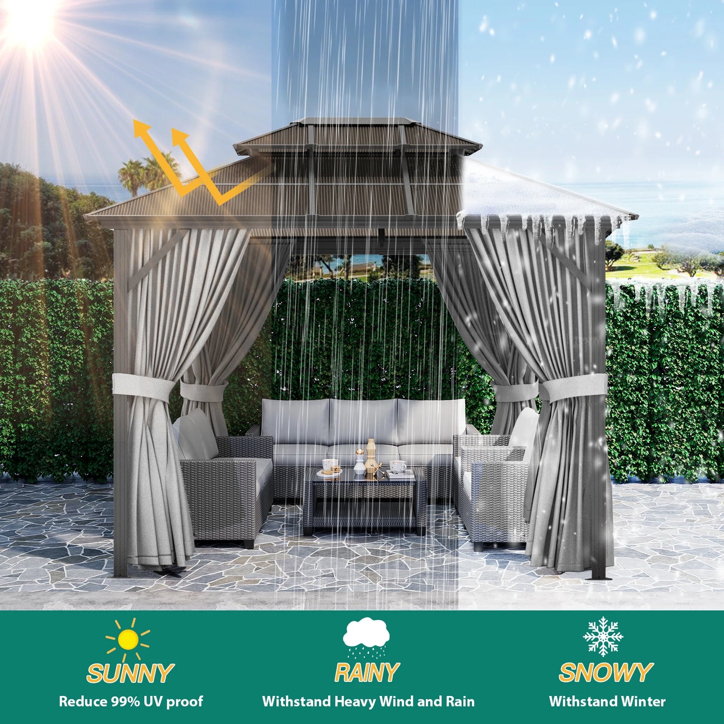 Hardtop Gazebo 10'x13', Double Polycarbonate Sheet Roof