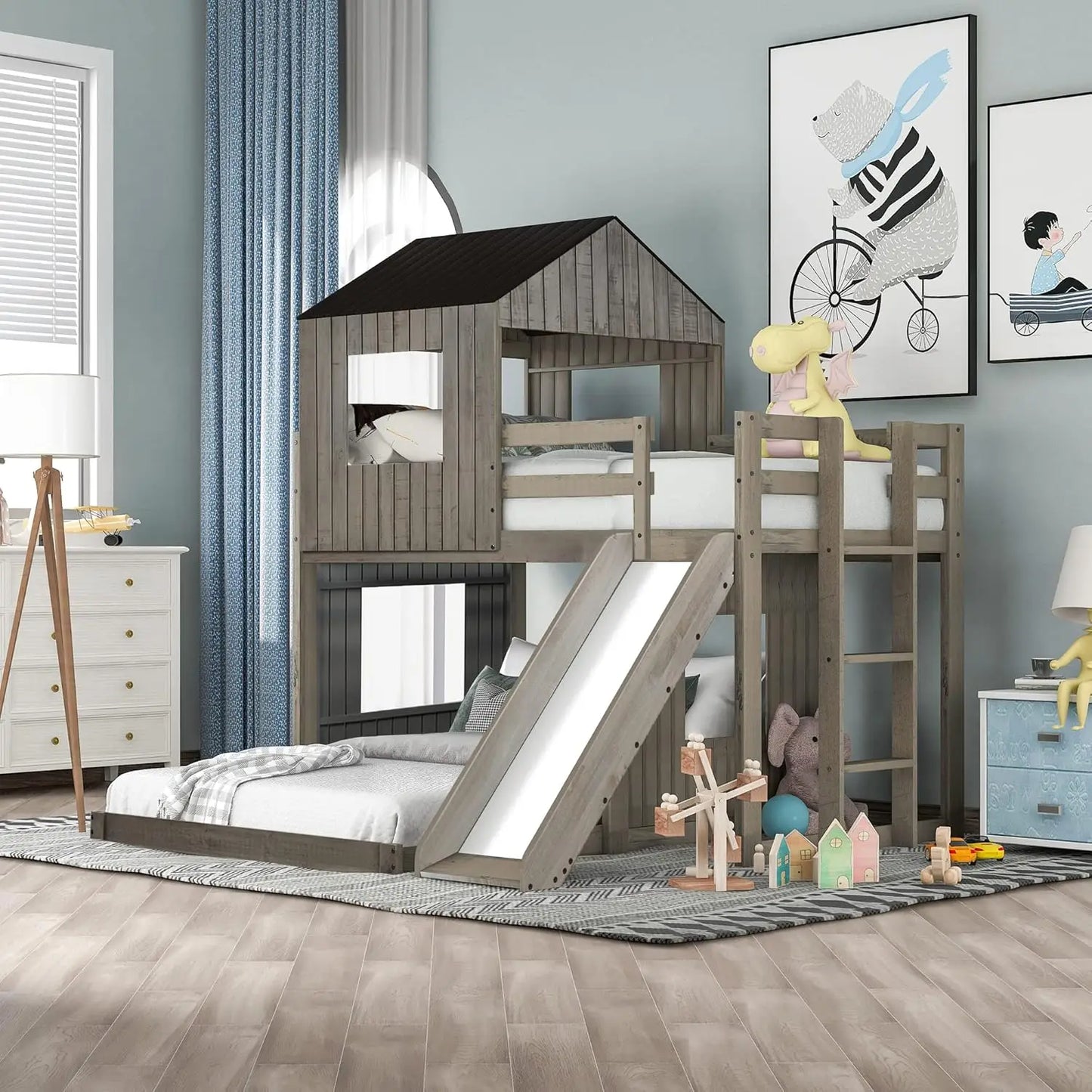 Wooden Twin Over Full Bunk Beds with Slide