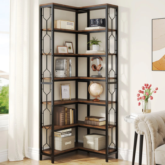 Corner Shelf, 7-Tier Industrial Corner Bookshelf