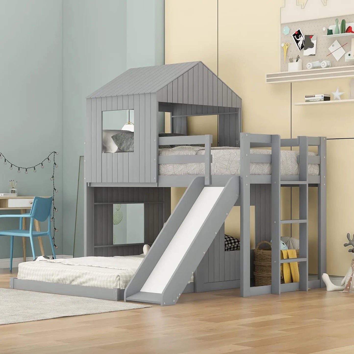 Wooden Twin Over Full Bunk Beds with Slide