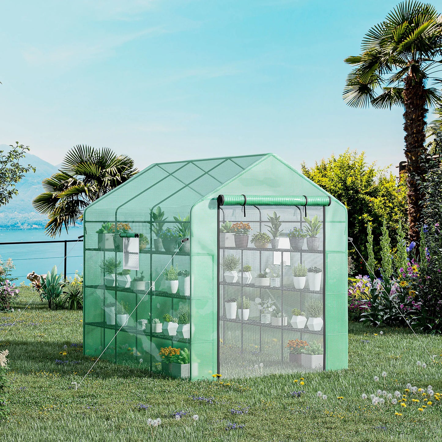 8' X 6' X 7' Greenhouse with 2-Tier Shelf, Steel Frame