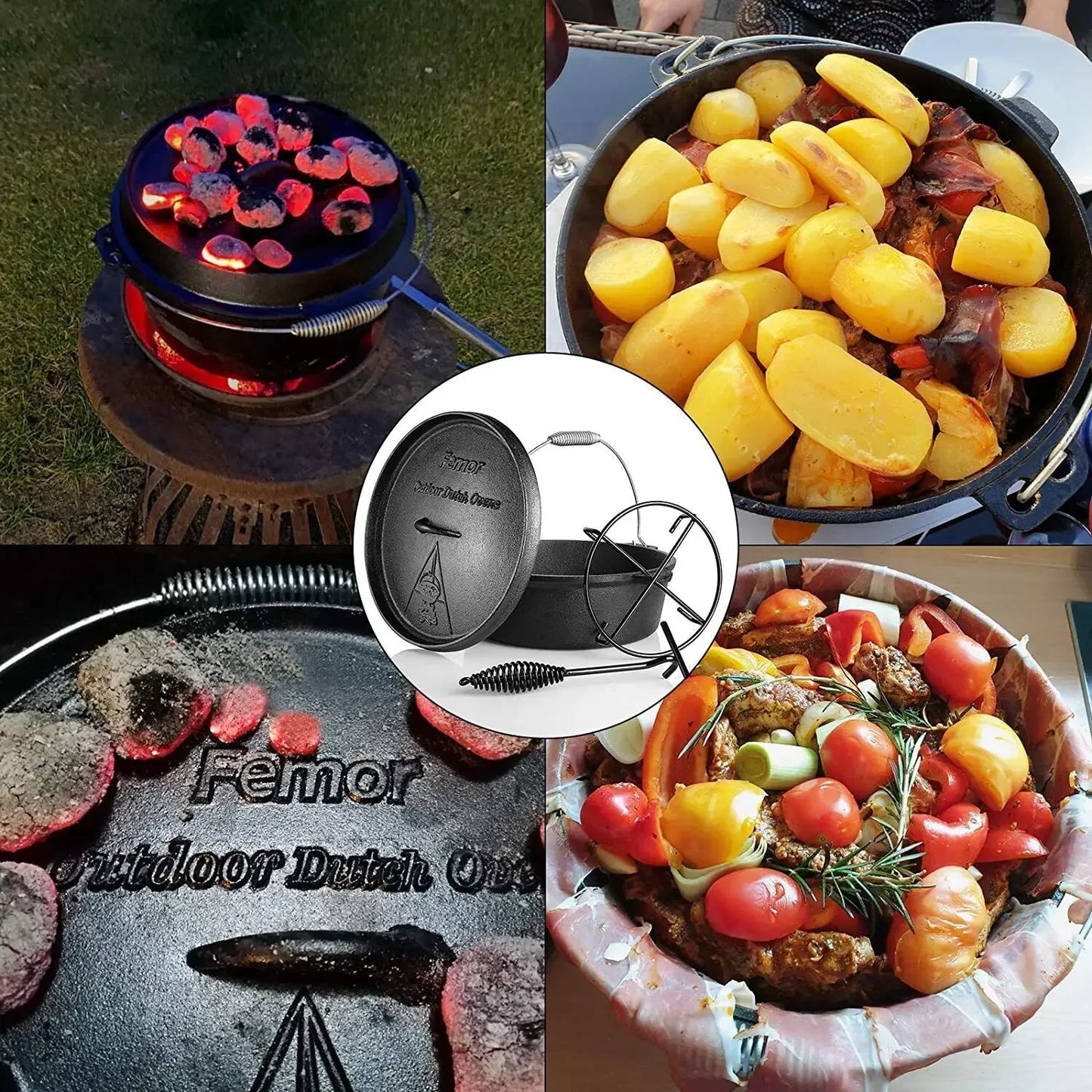 Femor 12 L Cast Iron Dutch Oven  BBQ Roaster