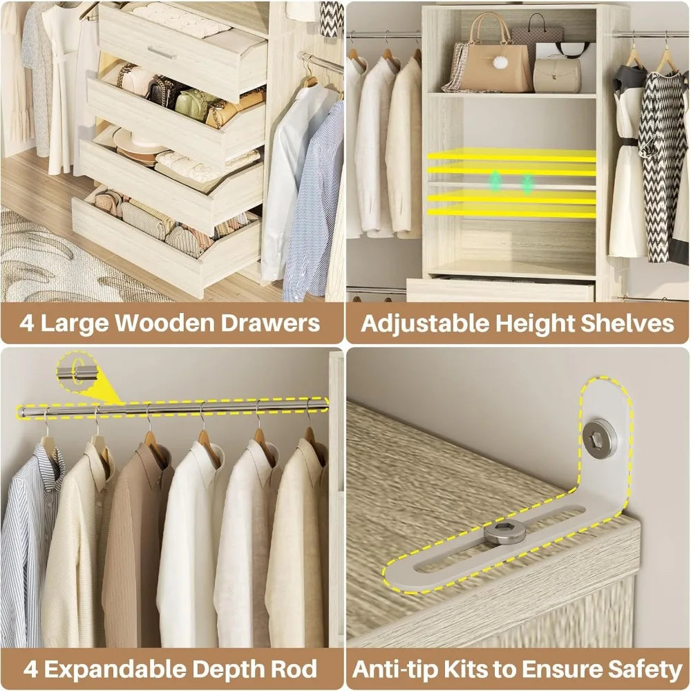 4-9 Ft Closet Organizer with 4 Wooden Drawers,