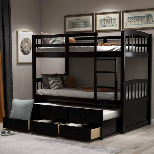 Twin Over Twin Bunk, Trundle Bed with Safety Rail, Ladder