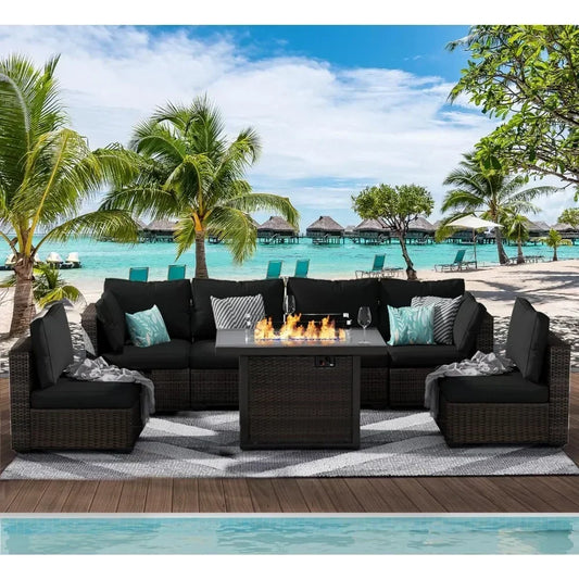 Patio Furniture 7 Piece Set with Fire Pit Table, Rattan