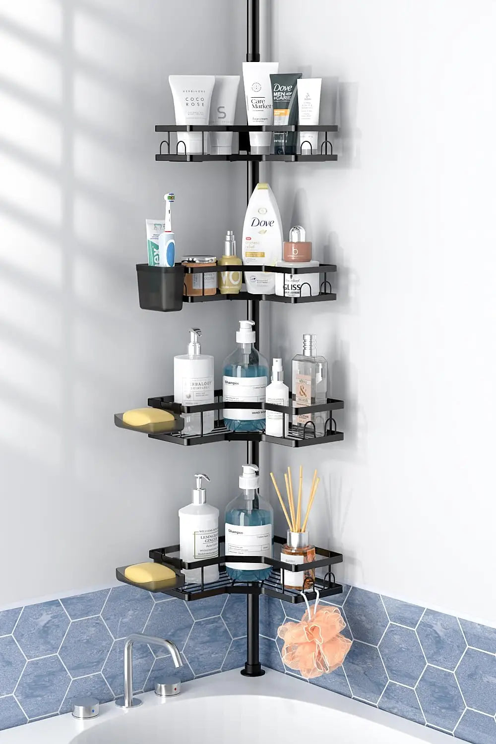 Corner Shower Caddy Tension Pole  4tier Adjustable Rustproof