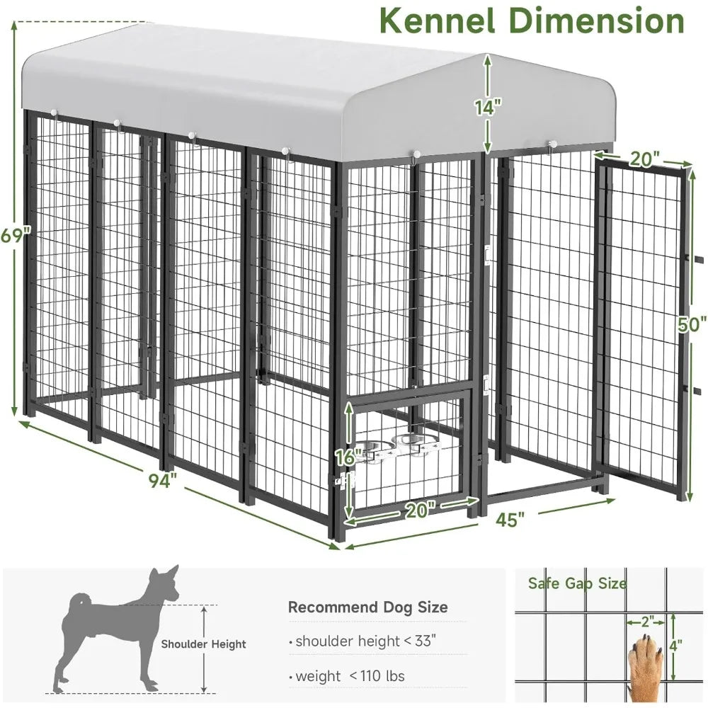 XMSJH Outdoor Dog Kennel Pen With Roof And Swivel Feeders