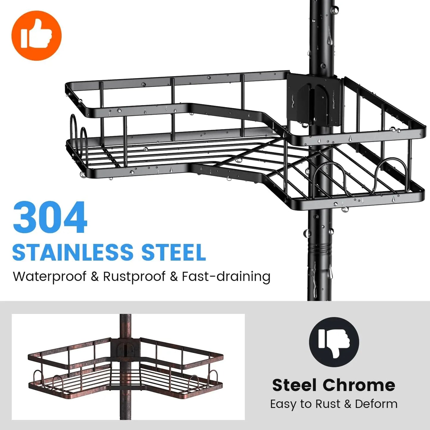 Corner Shower Caddy Tension Pole  4tier Adjustable Rustproof