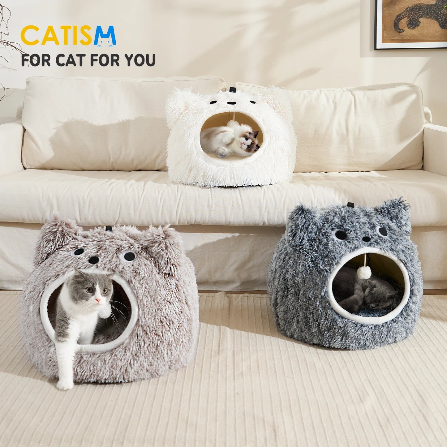Catism Cat Head Shape Plush Hooded Cat Bed Self Warming