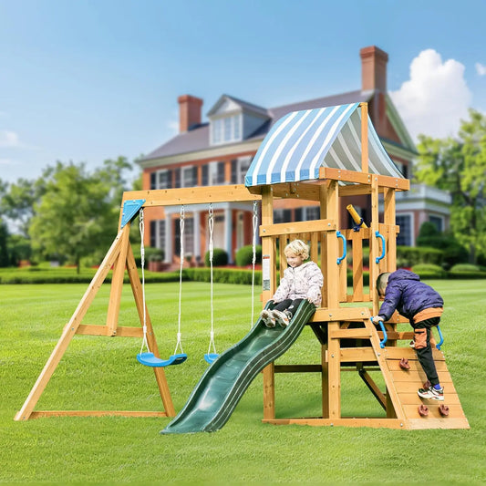 Wooden Swing Set with Dual Swings Slide Rock Climbing Wall