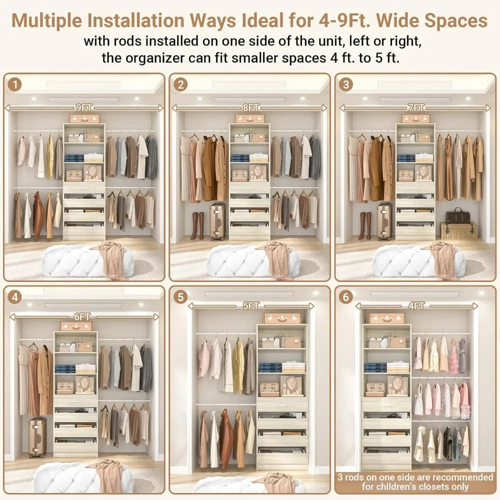 4-9 Ft Closet Organizer with 4 Wooden Drawers,