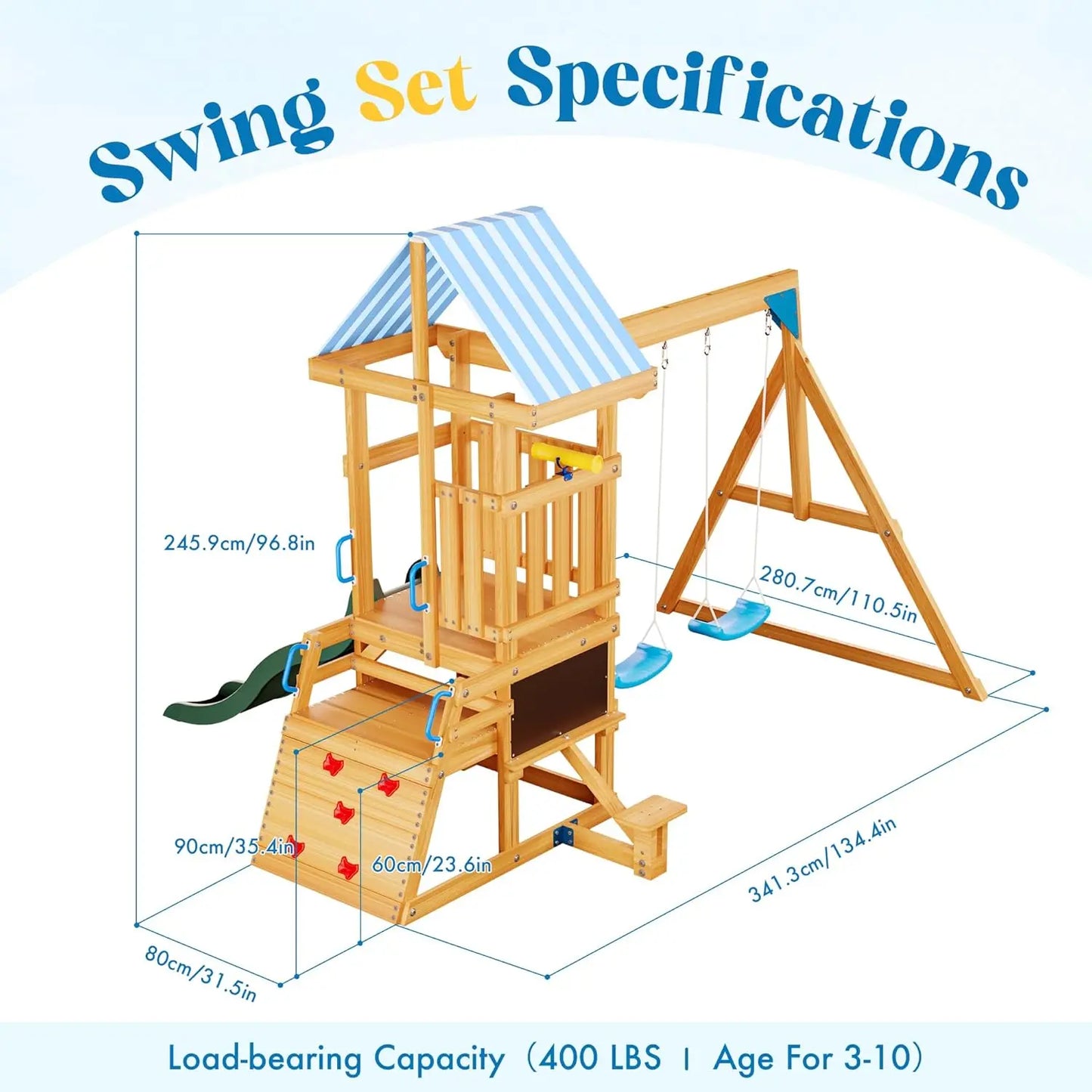 Wooden Swing Set with Dual Swings Slide Rock Climbing Wall