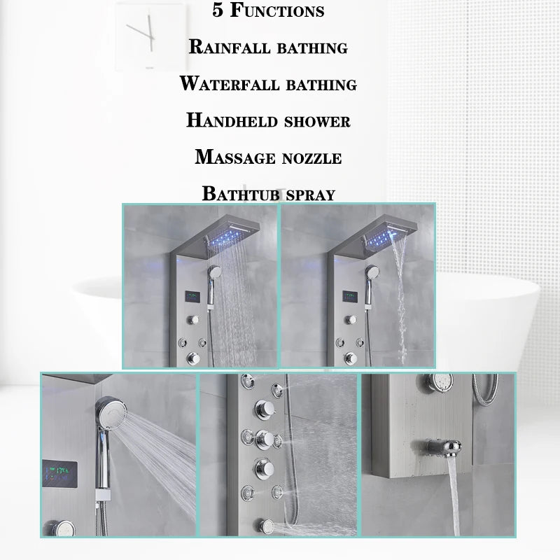 LED Light Bathroom Shower Faucet Set LED Rainfall Shower Panel System