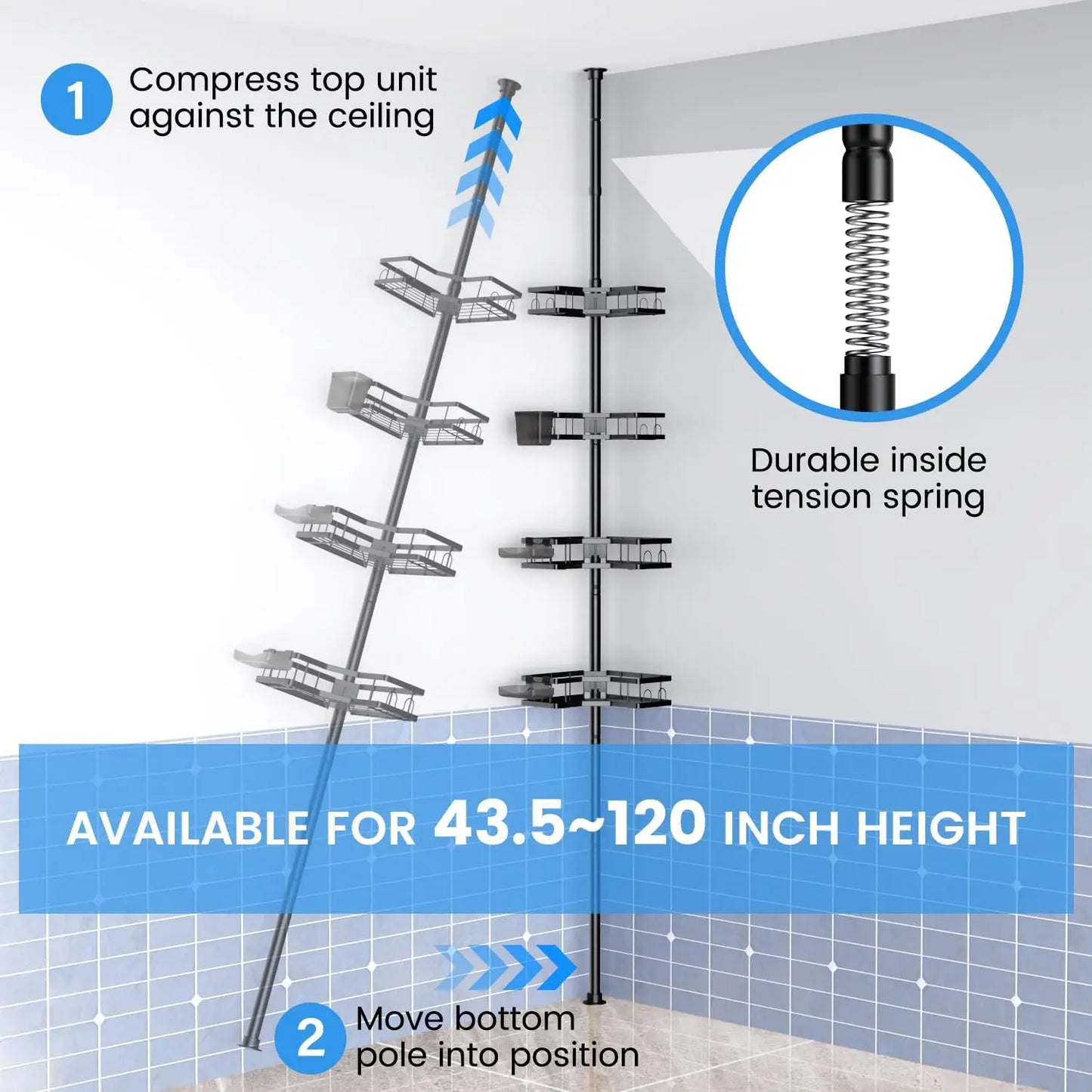 Corner Shower Caddy Tension Pole  4tier Adjustable Rustproof