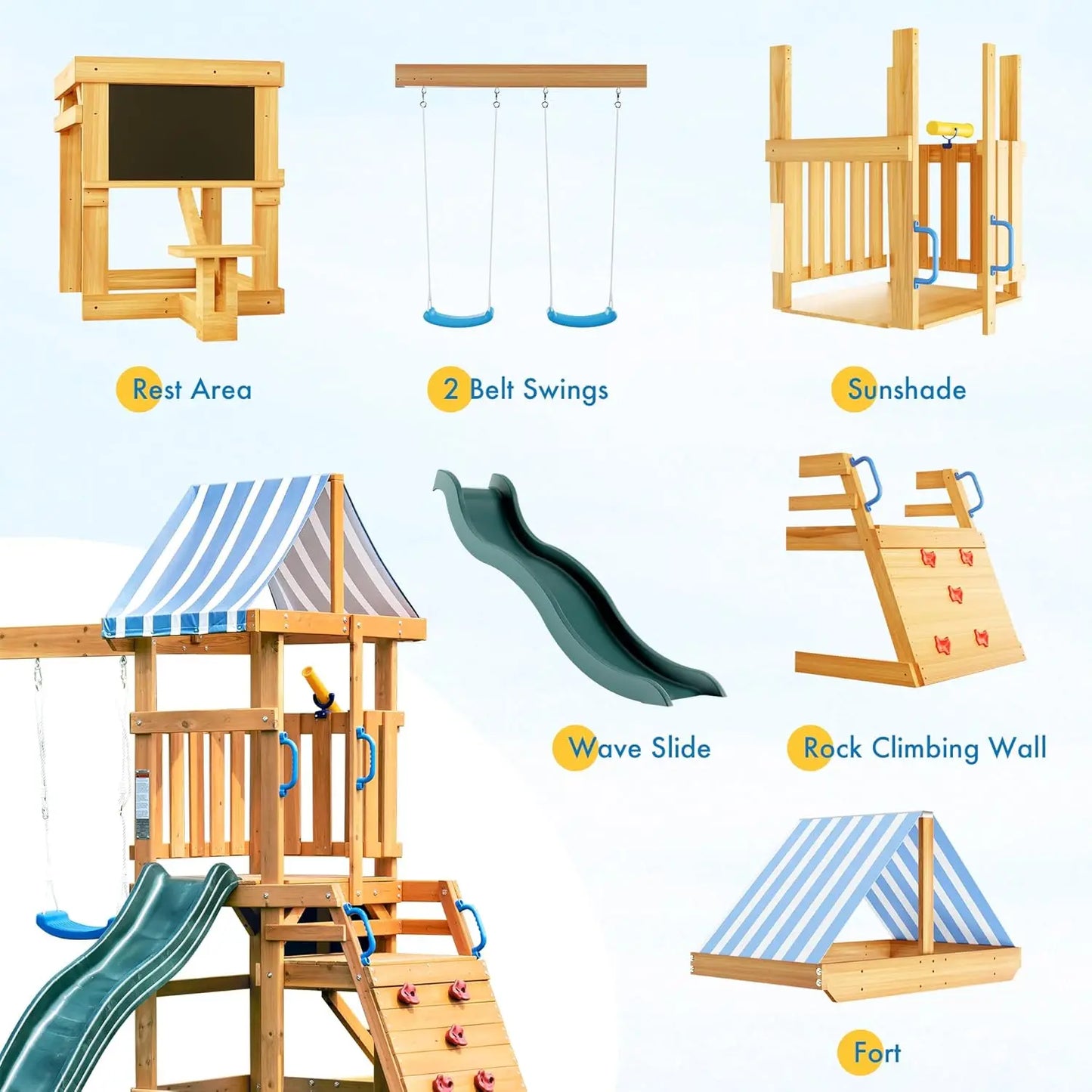 Wooden Swing Set with Dual Swings Slide Rock Climbing Wall