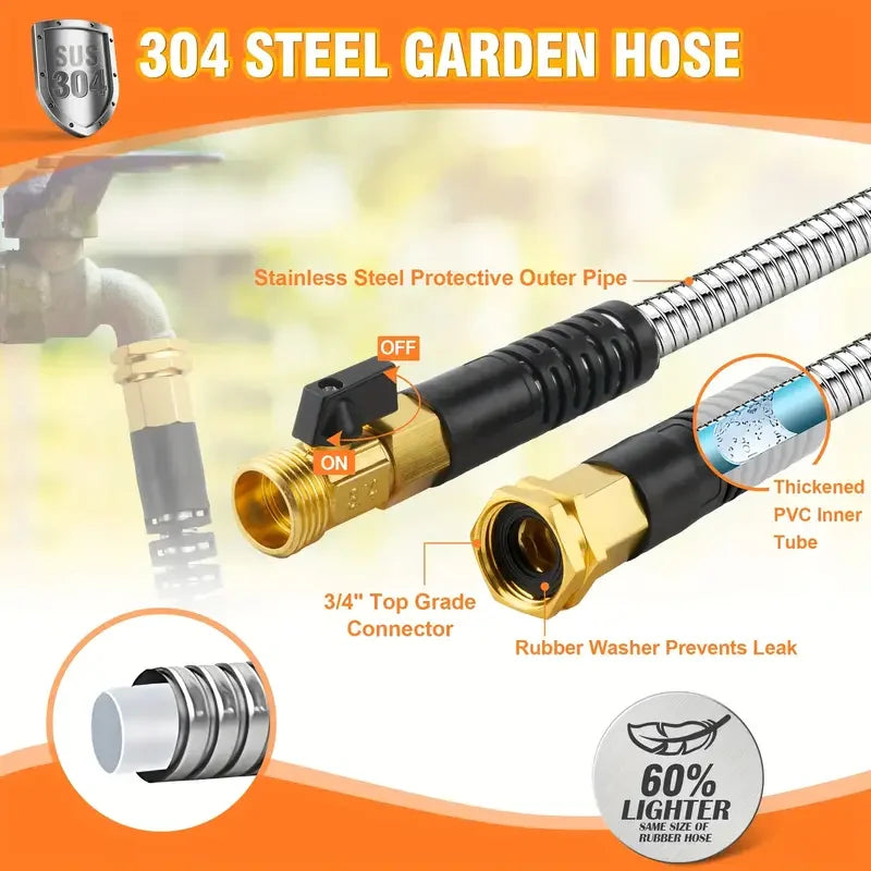 100FT 50FT Stainless Steel Garden Hose Kink-Free
