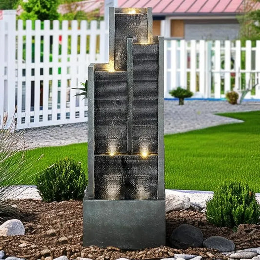 Garden Outdoor Fountain Waterfall, 35 Inch Modern Curved Fountain