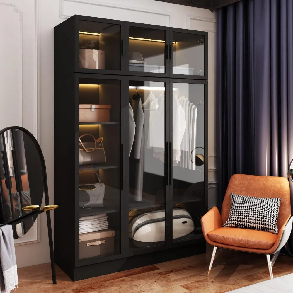 Wardrobes with LED Lights, 5-Tier Shelves and 6 Glass Doors, 47.2" L