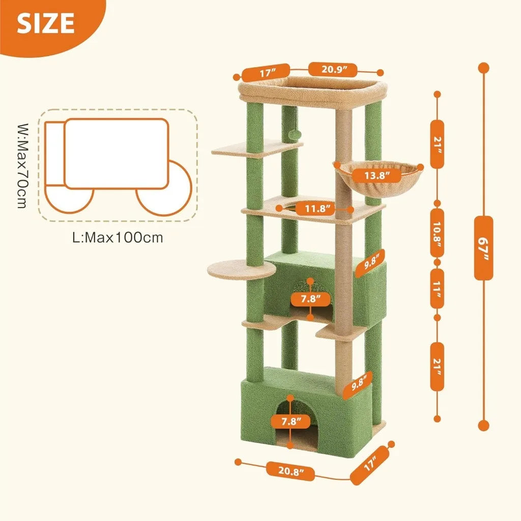 68'' Cat Tree for Large Cats 20 lbs Heavy Duty, Top Perch [21'' x 17''], 2 L