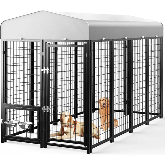 XMSJH Outdoor Dog Kennel Pen With Roof And Swivel Feeders