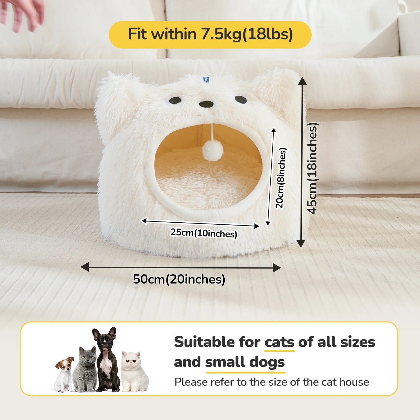 Catism Cat Head Shape Plush Hooded Cat Bed Self Warming