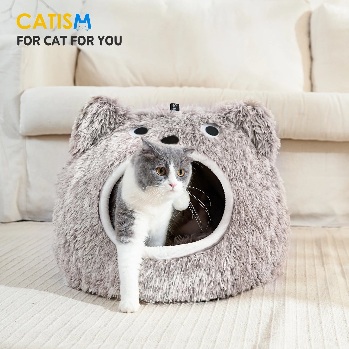 Catism Cat Head Shape Plush Hooded Cat Bed Self Warming