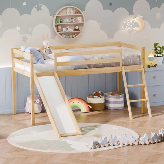 Twin Loft Bed with Slide and Ladder, Solid Pine Wood Bed Frame