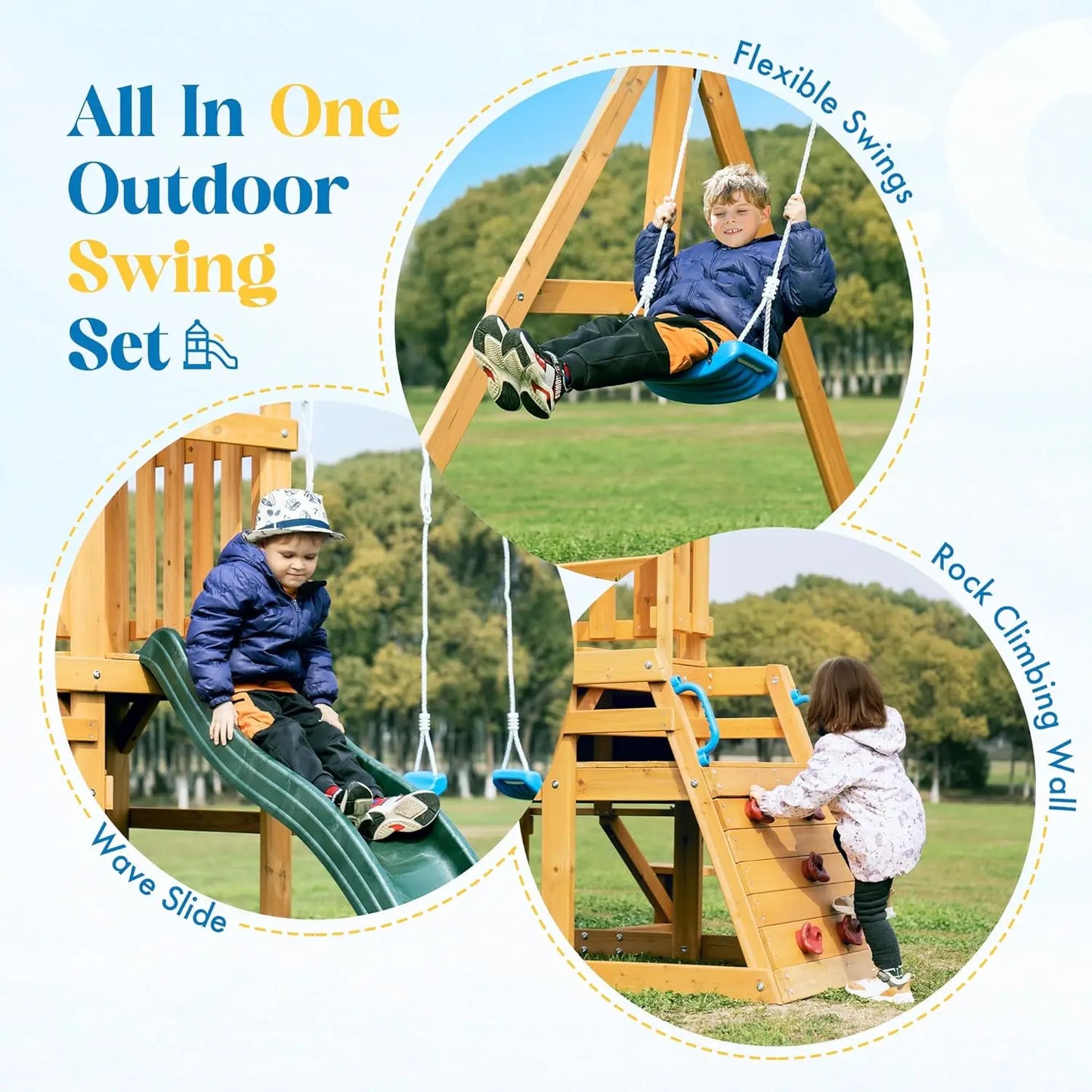 Wooden Swing Set with Dual Swings Slide Rock Climbing Wall