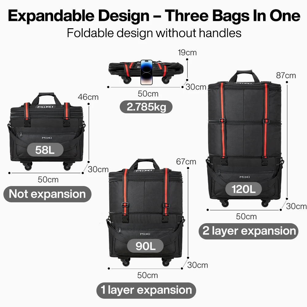 Mixi Foldable Travel Bag Hand Carry Duffel Bag with Wheels