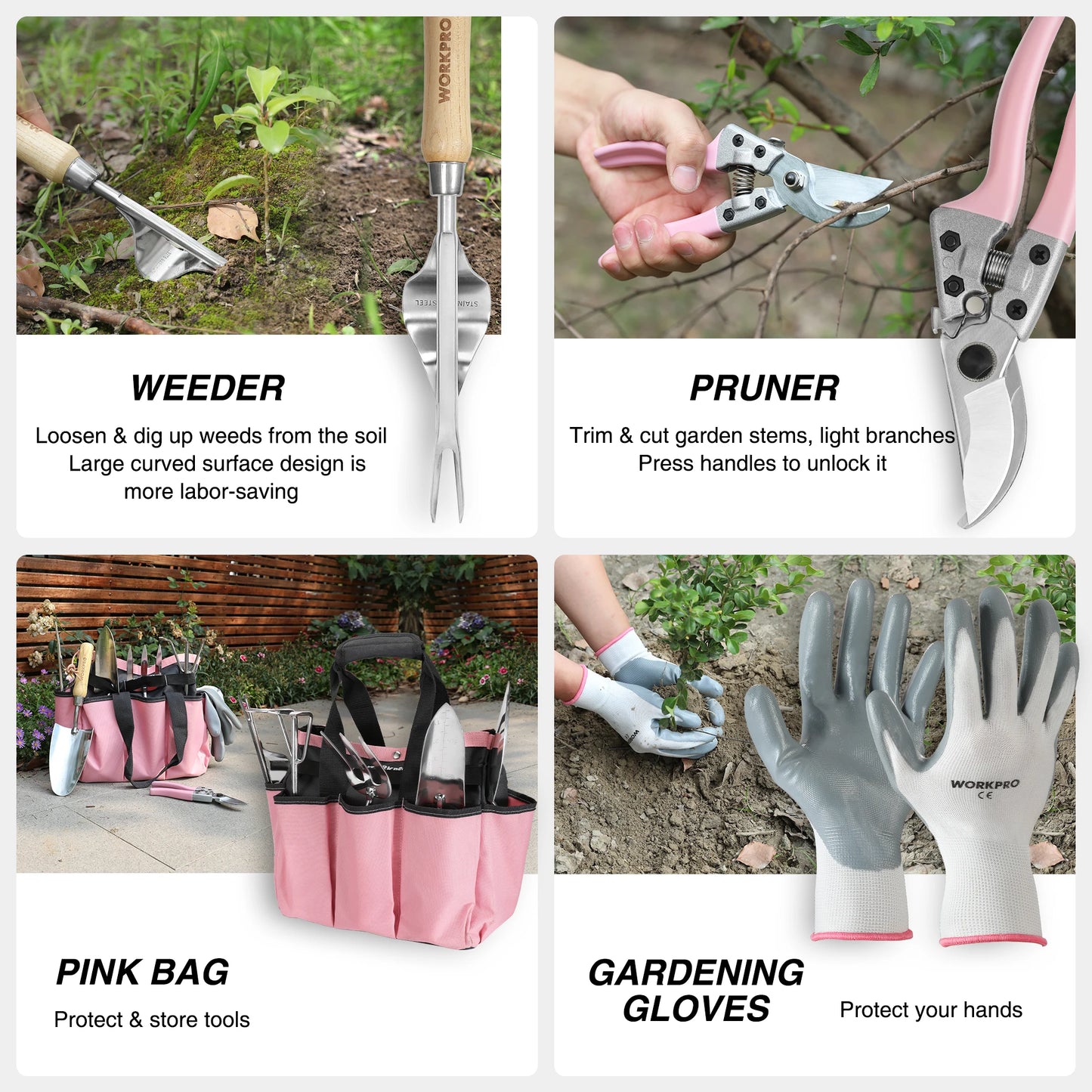 WORKPRO 8-Piece Pink Stainless Steel Gardening Tools