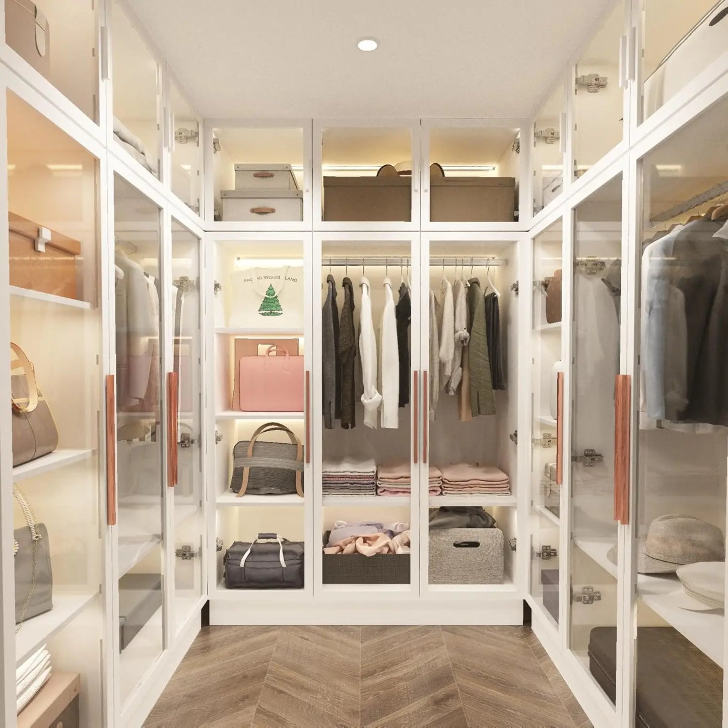 Wardrobes with LED Lights, 5-Tier Shelves and 6 Glass Doors, 47.2" L