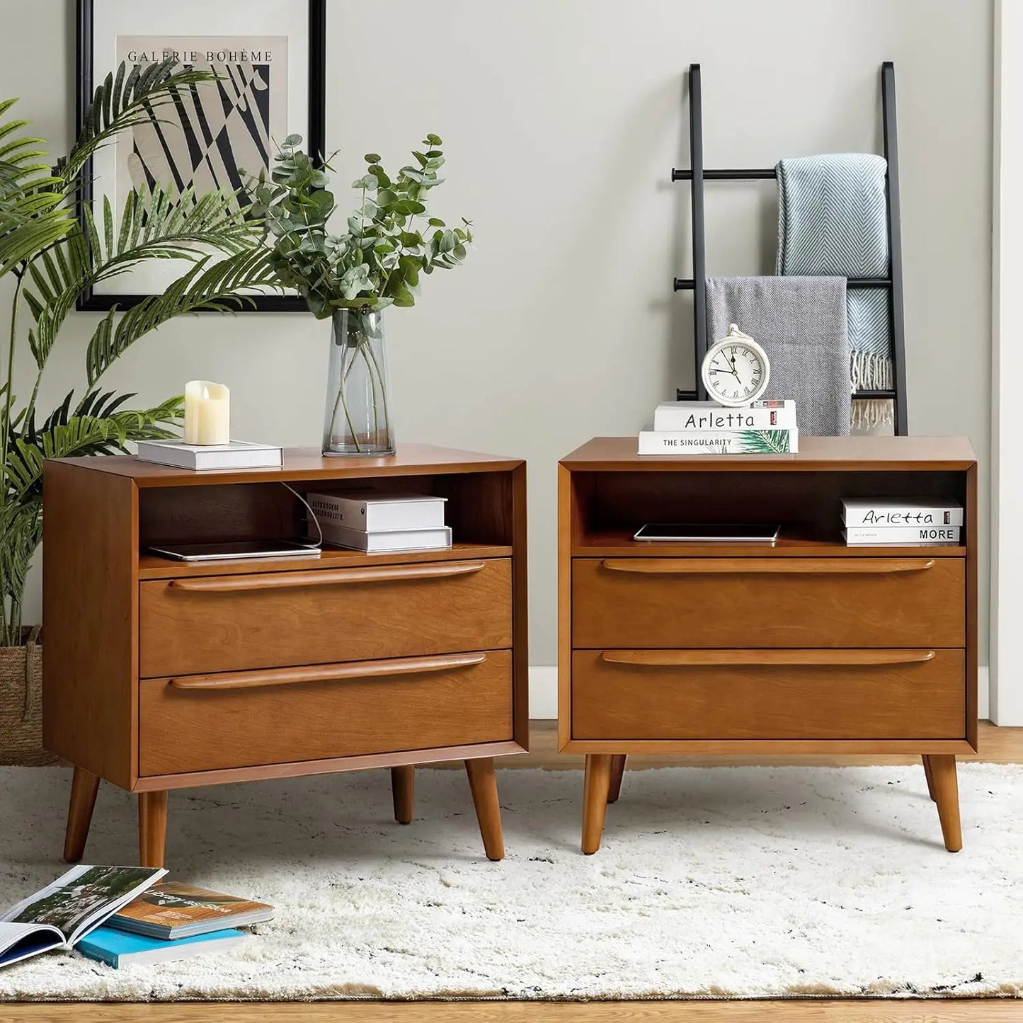 Set of 2 Mid-Century Nightstands with Charging Station