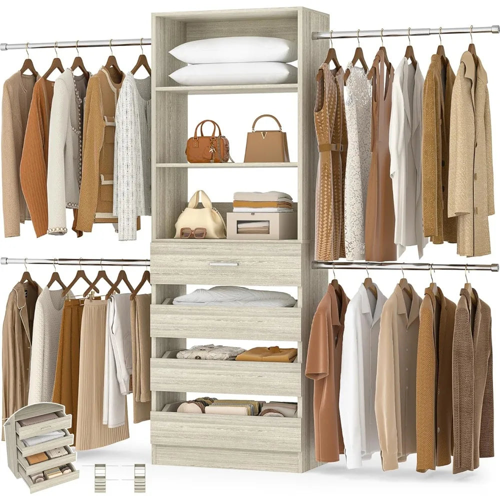 4-9 Ft Closet Organizer with 4 Wooden Drawers,