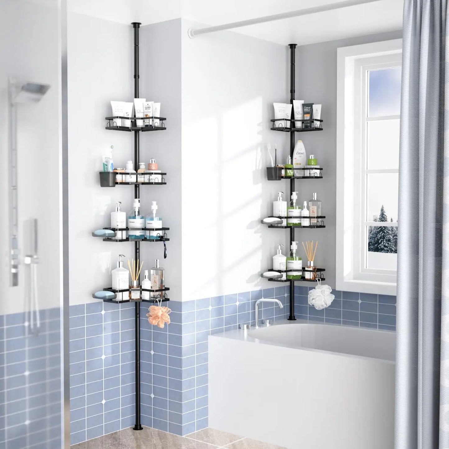 Corner Shower Caddy Tension Pole  4tier Adjustable Rustproof