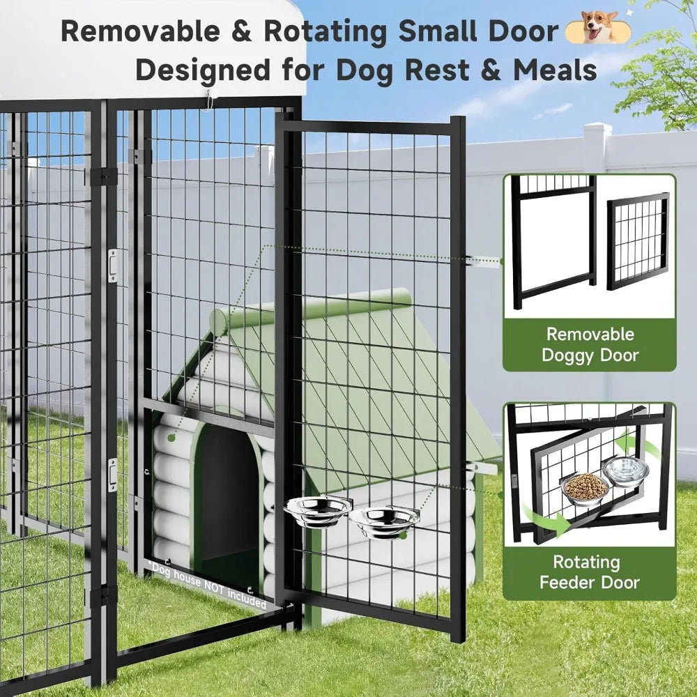 XMSJH Outdoor Dog Kennel Pen With Roof And Swivel Feeders