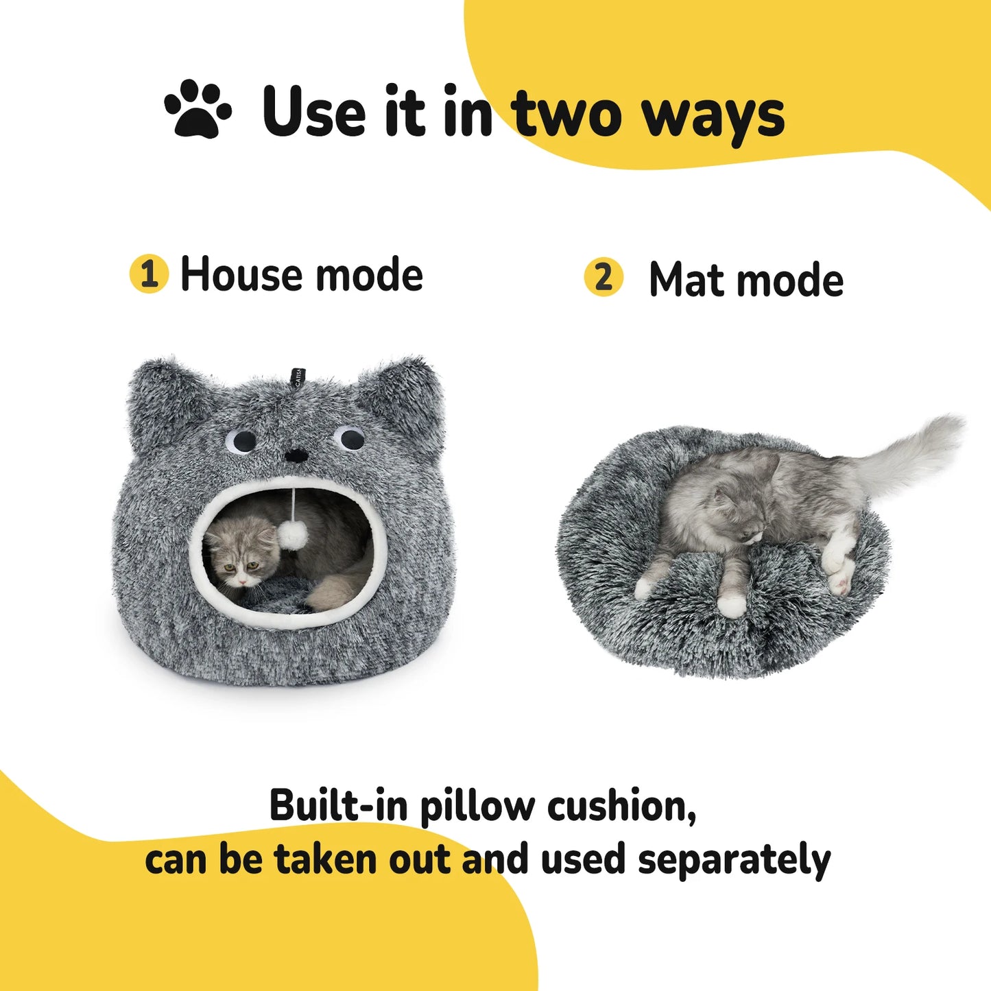 Catism Cat Head Shape Plush Hooded Cat Bed Self Warming