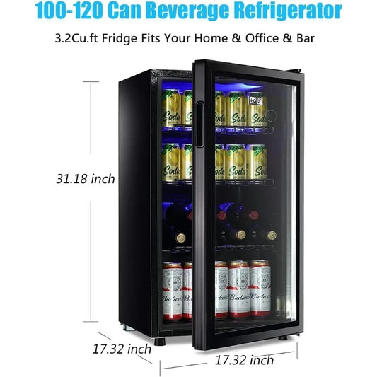 Mini Fridge Glass Door 120 Cans Beverage Refrigerator